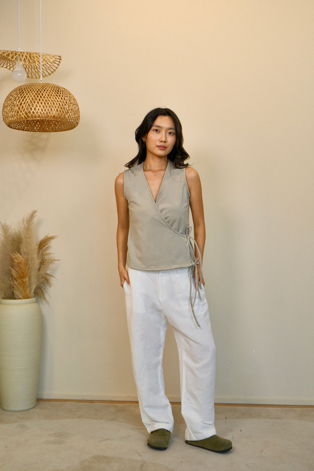 Sage Flutter Tie Wrap Top