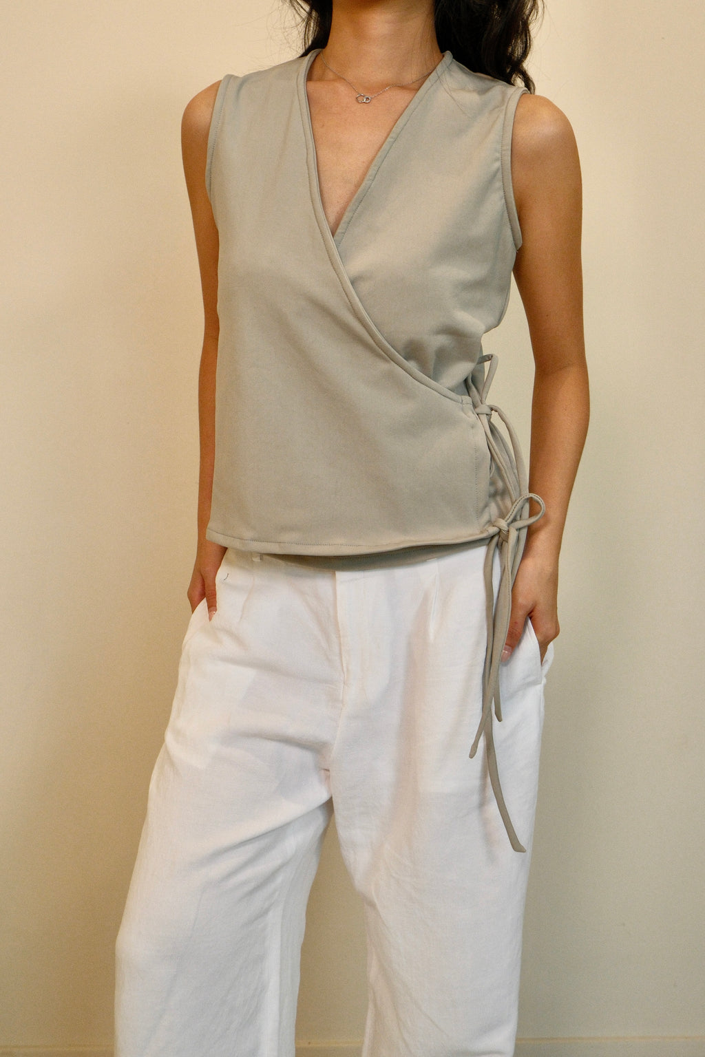 Sage Flutter Tie Wrap Top
