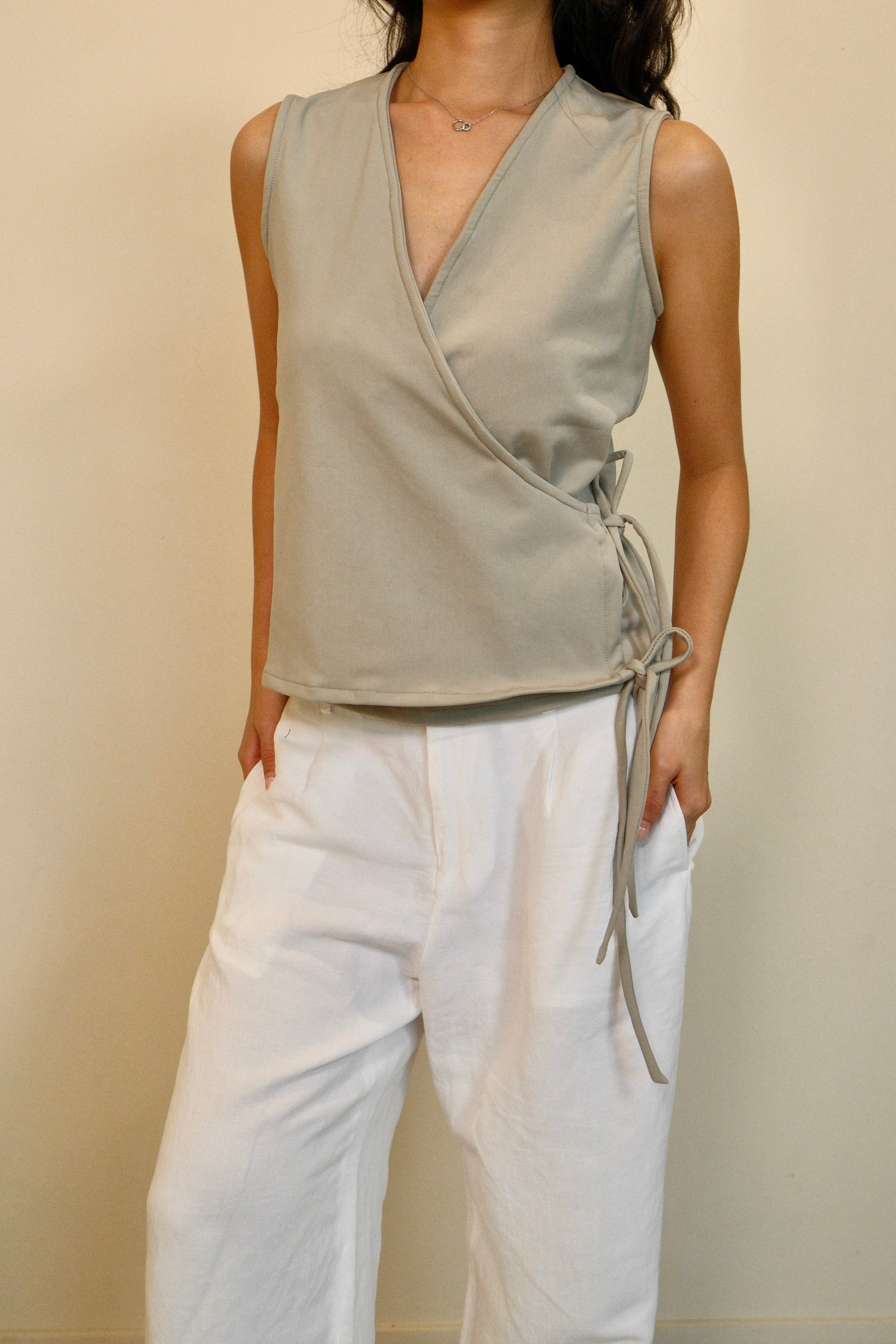 Sage Flutter Tie Wrap Top