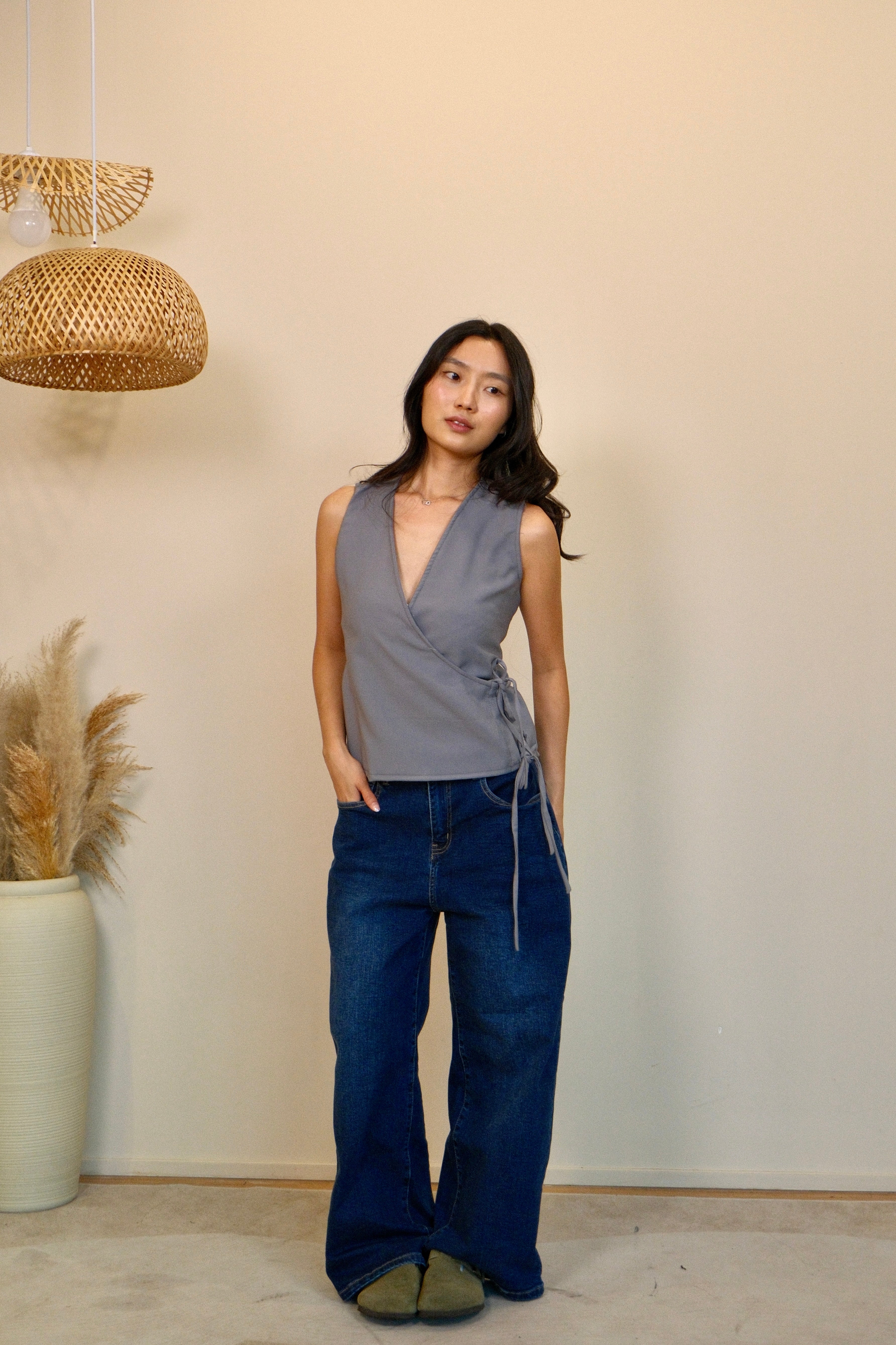Slate Grey Flutter Tie Wrap Top