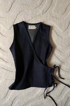 Navy Denim Flutter Tie Wrap Top
