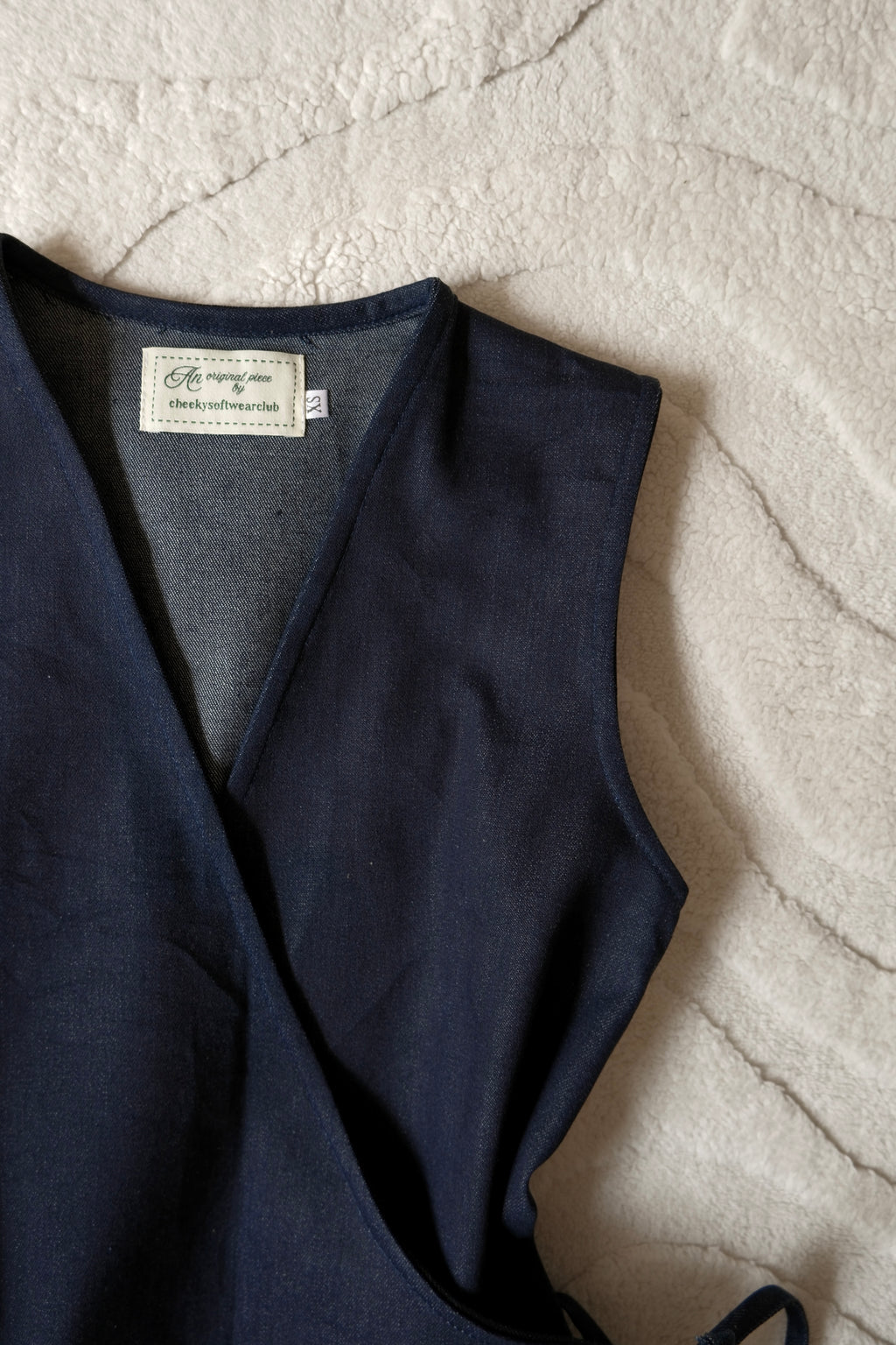 Navy Denim Flutter Tie Wrap Top