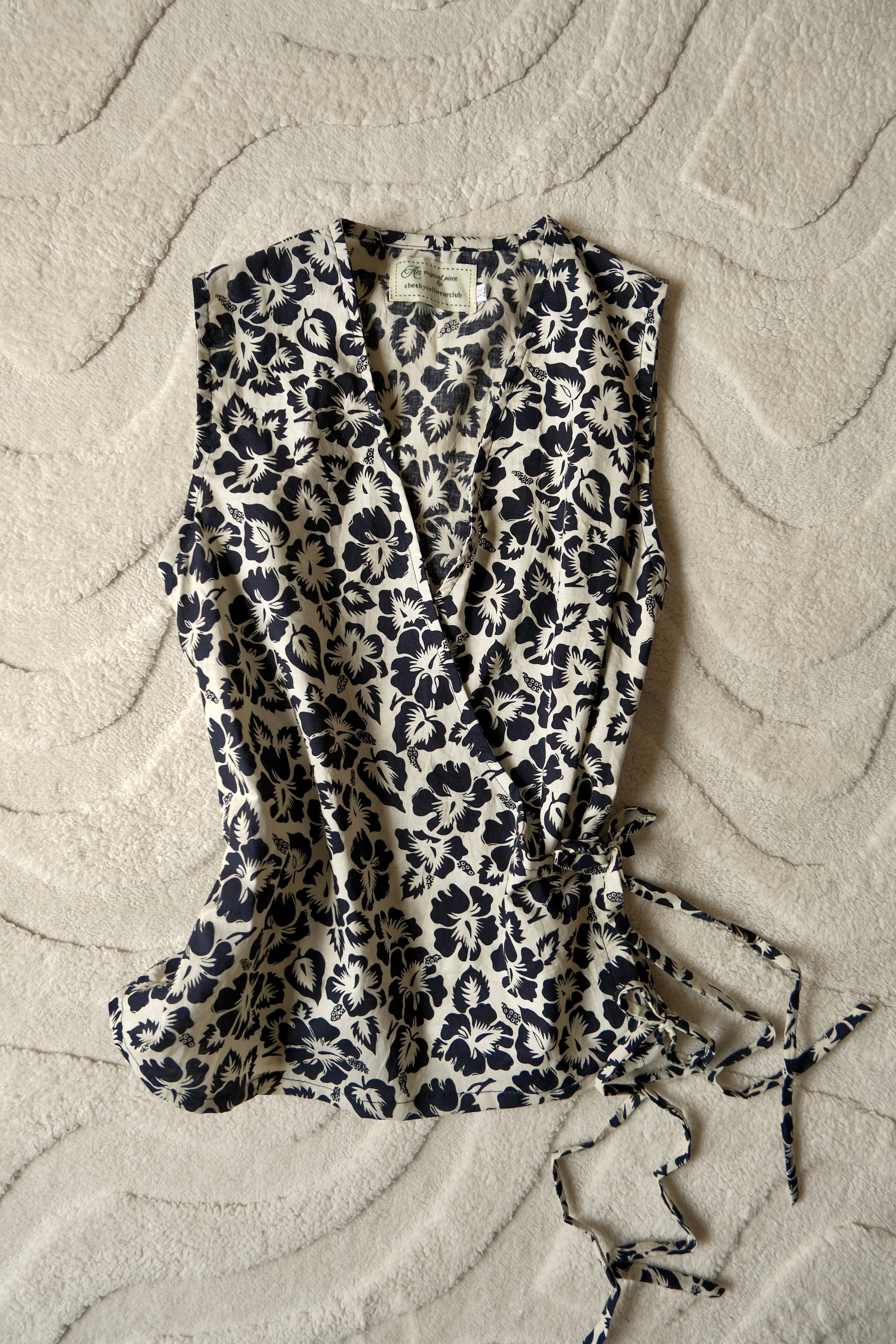 Navy Hibiscus Flutter Tie Wrap Top