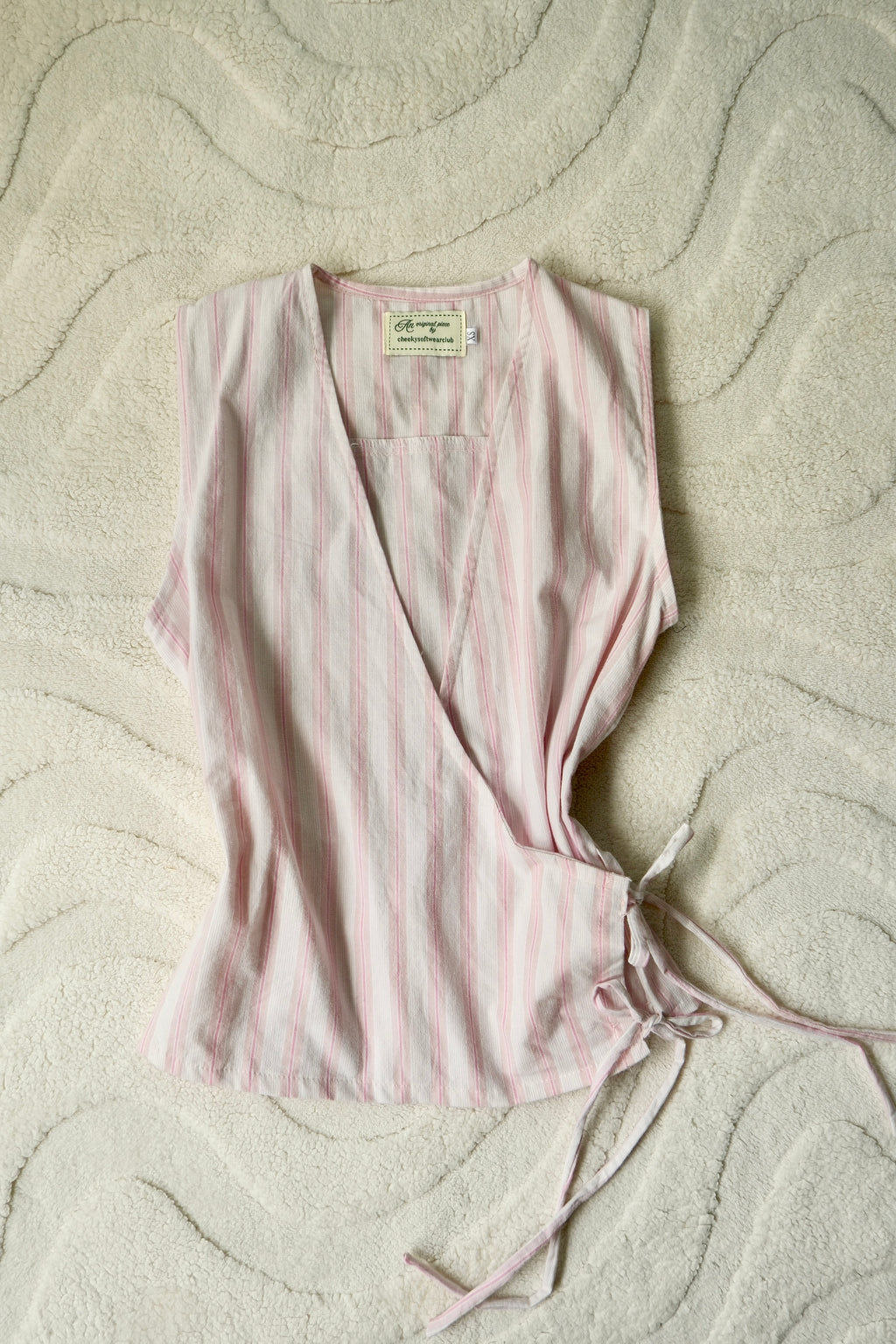 Pink Pinstripe Flutter Tie Wrap Top