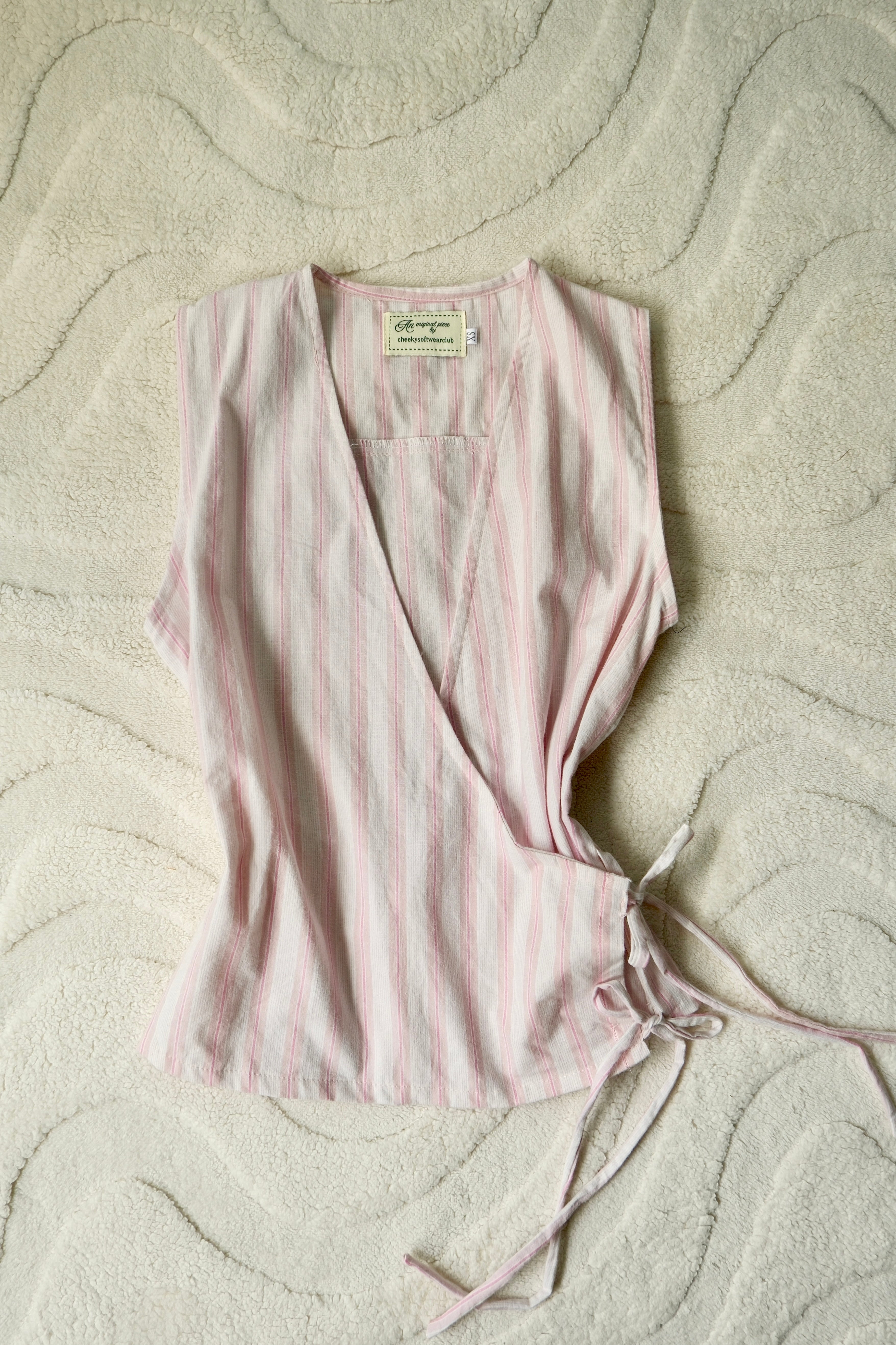 Pink Pinstripe Flutter Tie Wrap Top