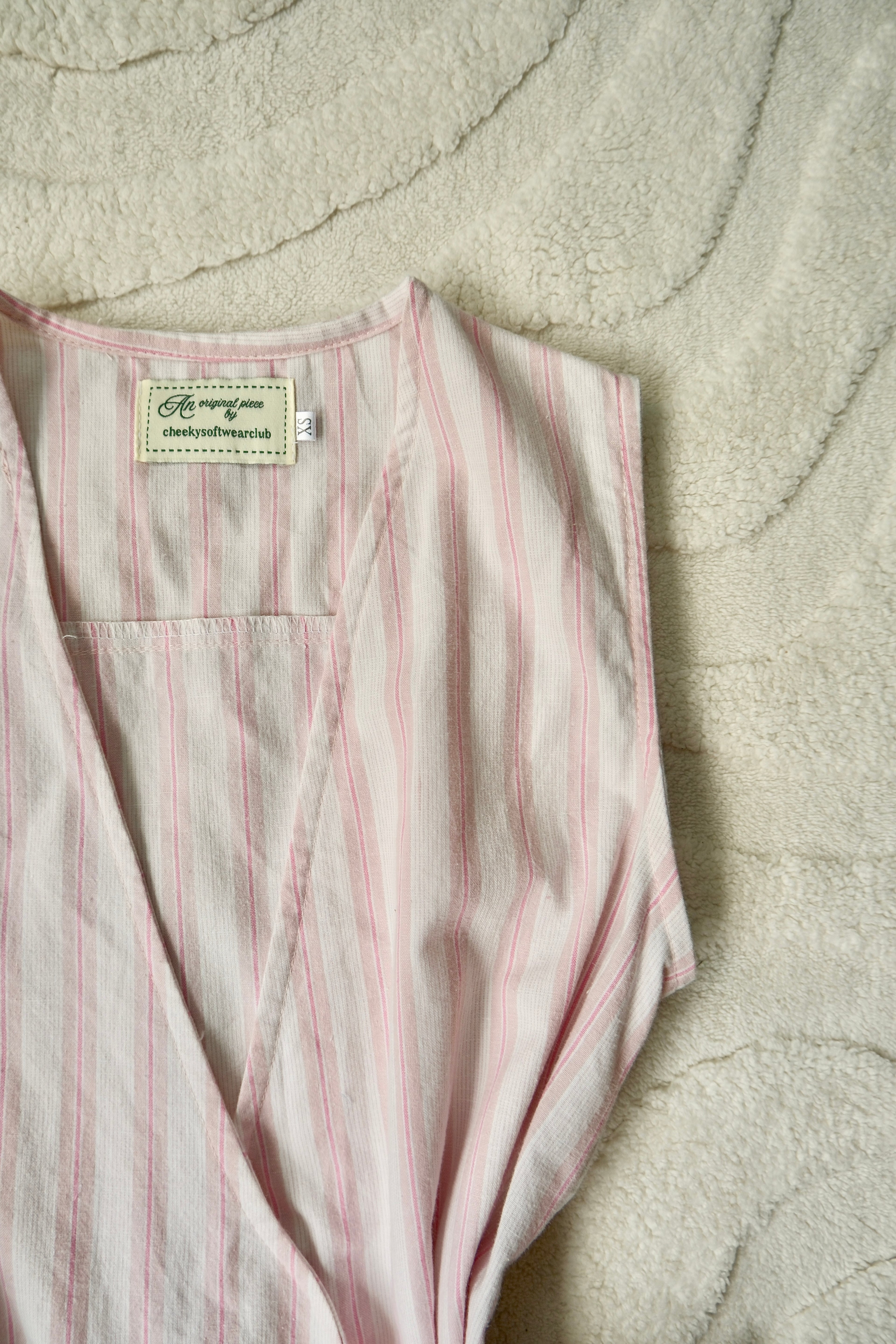 Pink Pinstripe Flutter Tie Wrap Top