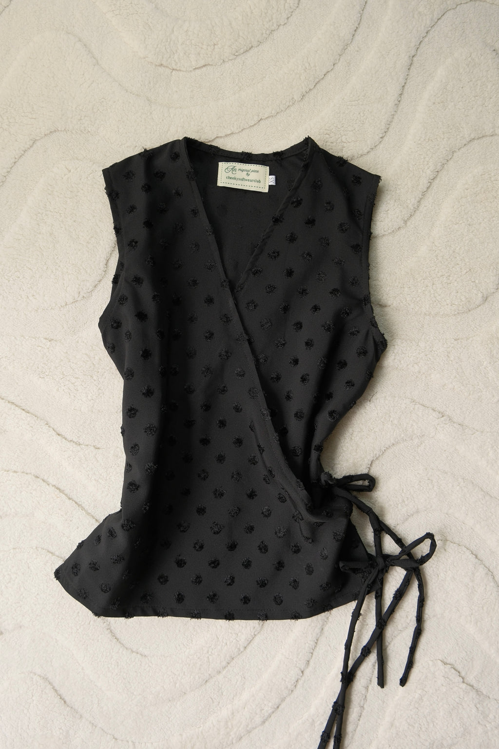 Black Polka Flutter Tie Wrap Top