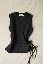 Black Polka Flutter Tie Wrap Top