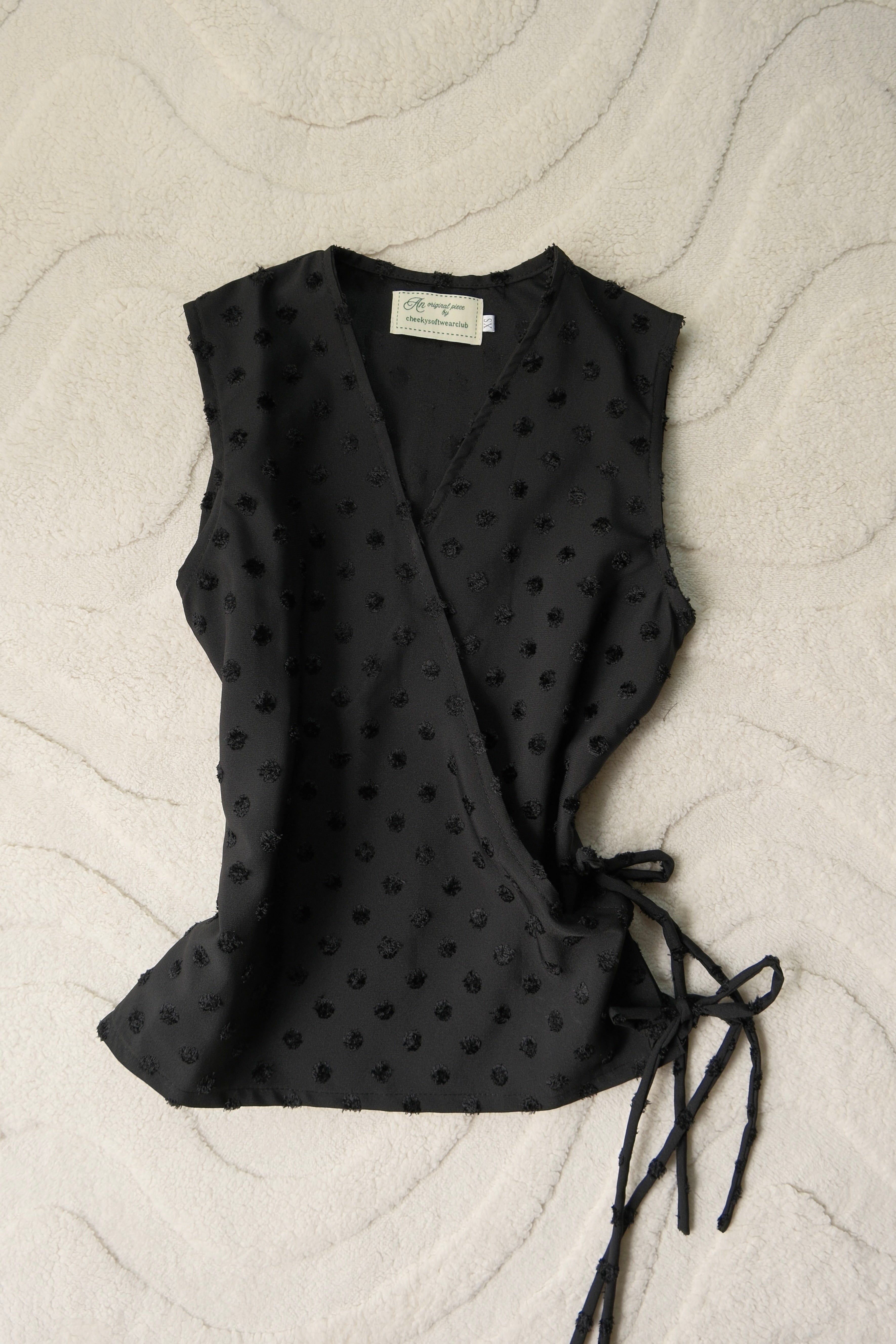 Black Polka Flutter Tie Wrap Top