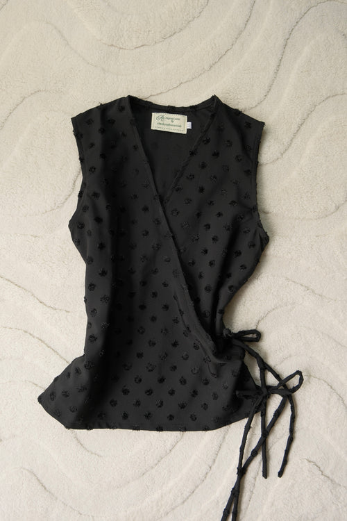 Black Polka Flutter Tie Wrap Top