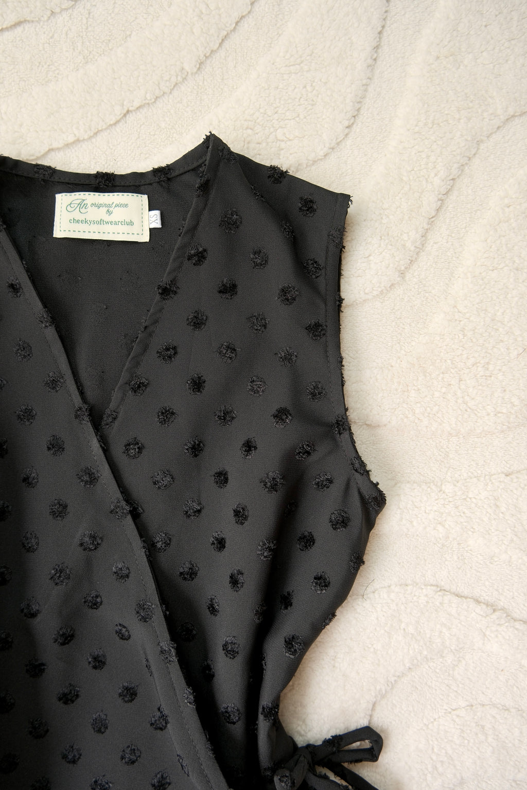 Black Polka Flutter Tie Wrap Top