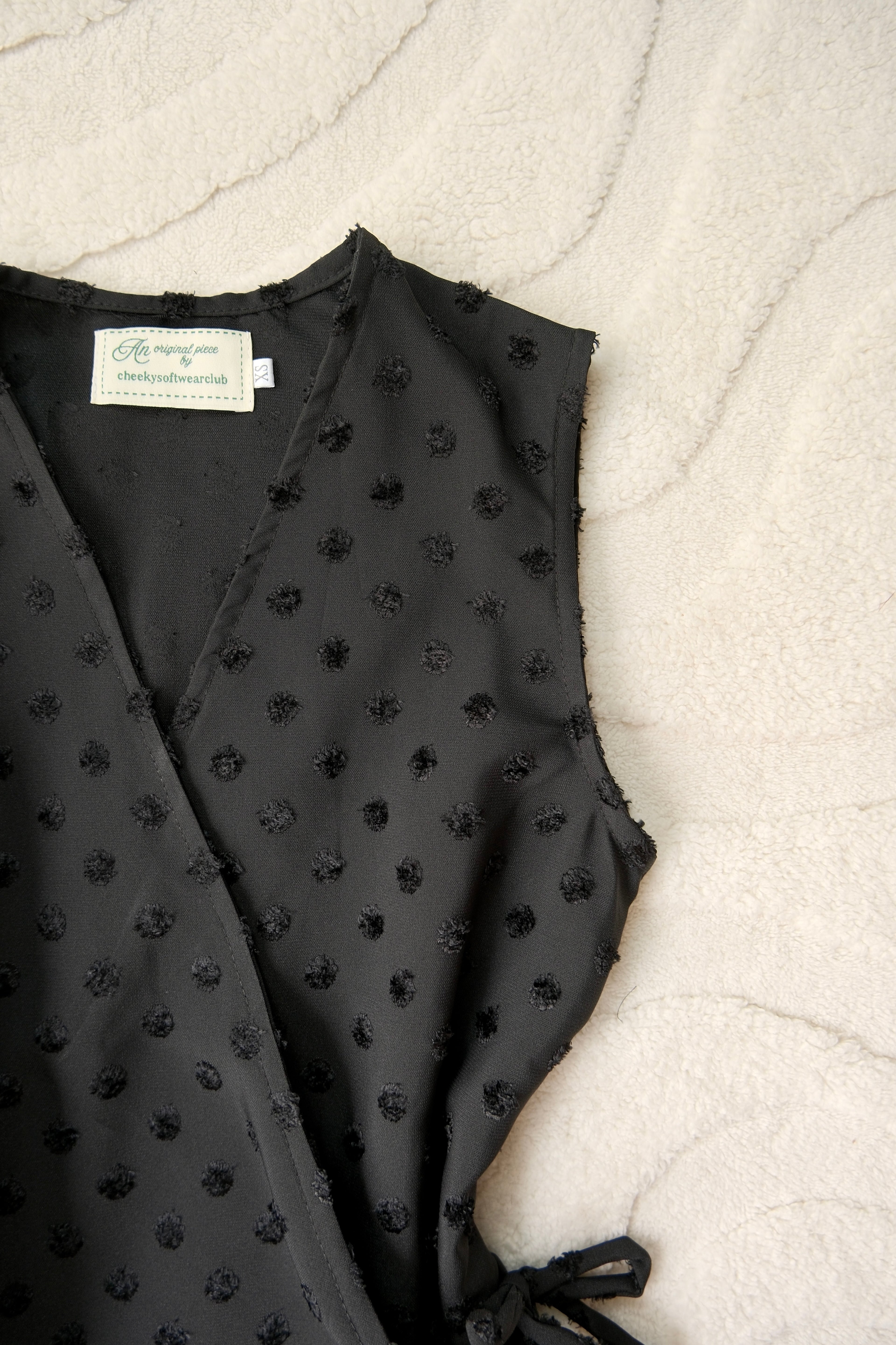 Black Polka Flutter Tie Wrap Top