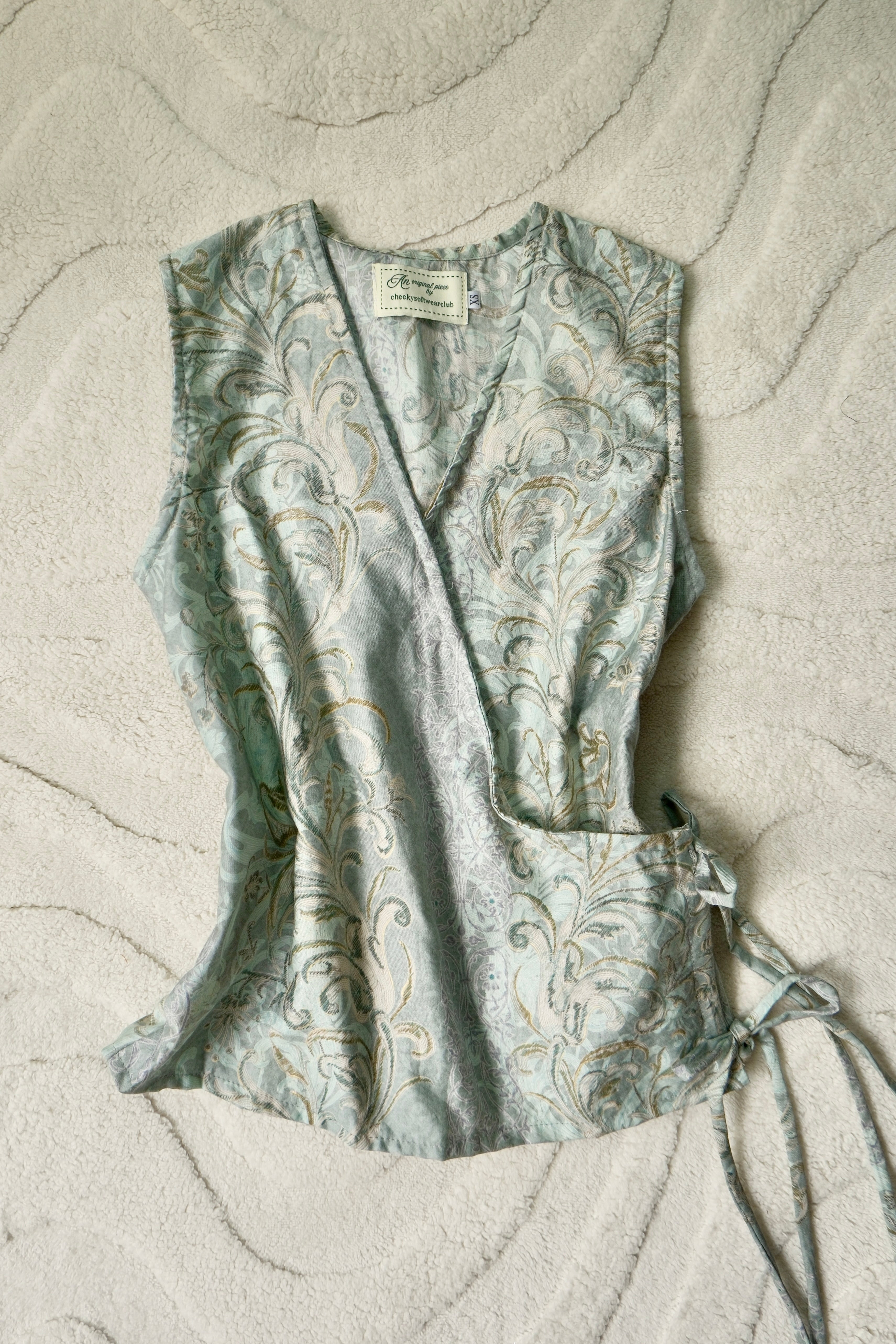Sage Baroque Flutter Tie Wrap Top