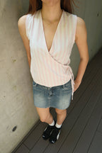 Pink Pinstripe Flutter Tie Wrap Top
