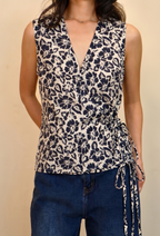Navy Hibiscus Flutter Tie Wrap Top