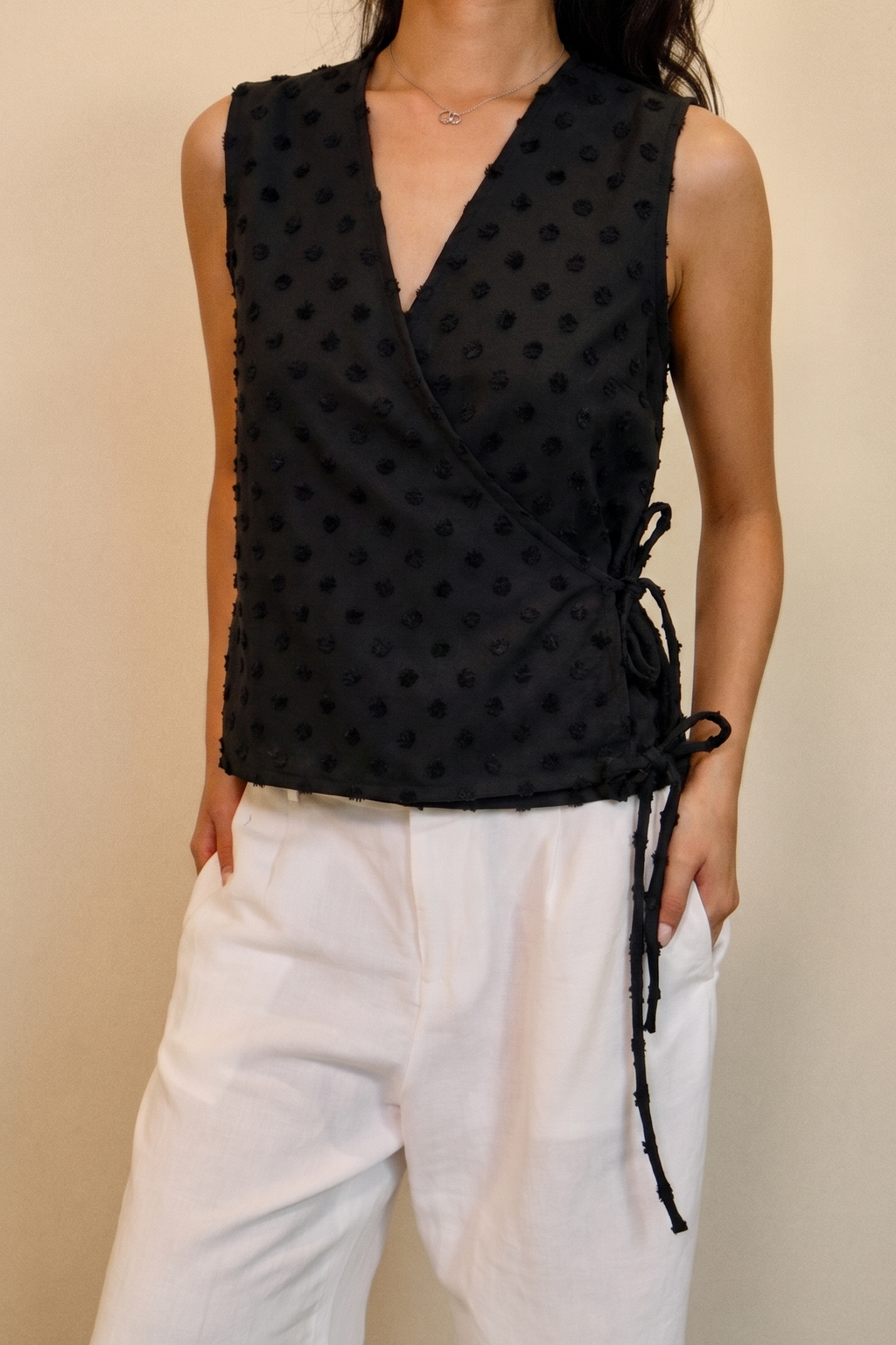 Black Polka Flutter Tie Wrap Top