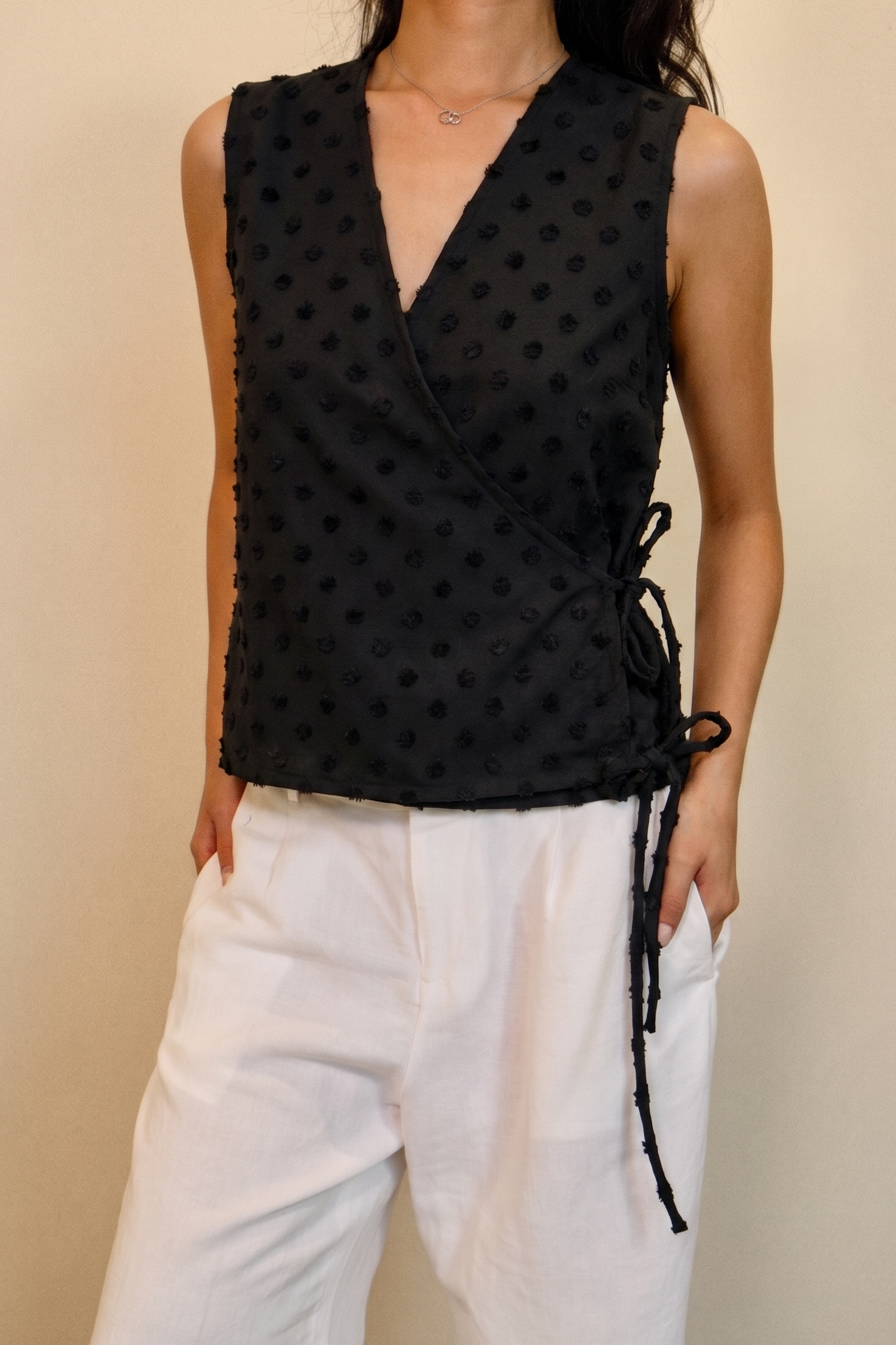 Black Polka Flutter Tie Wrap Top